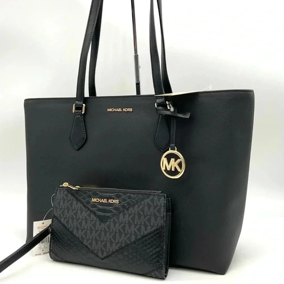 Michael Kors Bag Large Sheila Mf Tote Bag & Large Double Zip Wallet Black/Gold - Picture 1 of 14